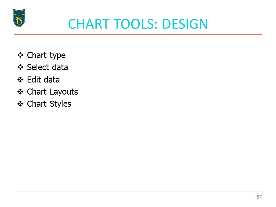 CHART TOOLS: DESIGN  Chart type  Select data  Edit data  Chart Layouts  Chart Styles 57