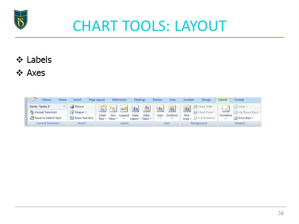 CHART TOOLS: LAYOUT  Labels  Axes 58