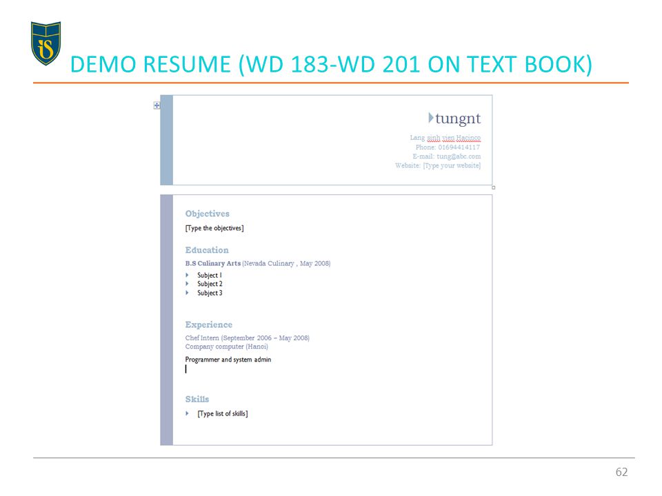 DEMO RESUME (WD 183-WD 201 ON TEXT BOOK) 62