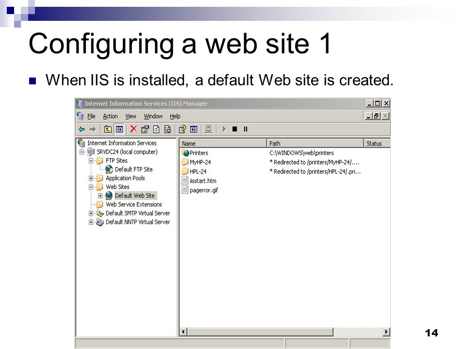 14 Configuring a web site 1 When IIS is installed, a default Web site is created.