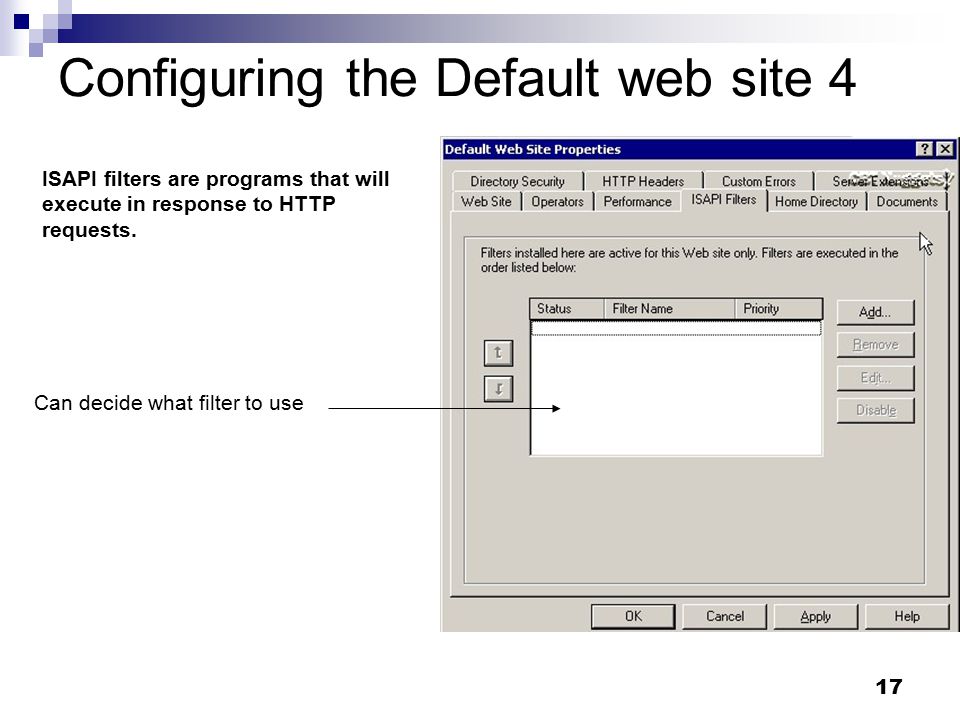 17 Configuring the Default web site 4 ISAPI filters are programs that will execute in response to HTTP requests.