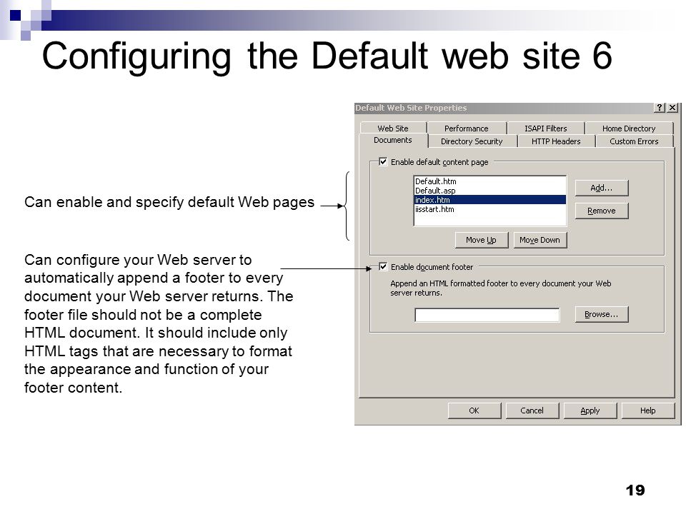 19 Configuring the Default web site 6 Can enable and specify default Web pages Can configure your Web server to automatically append a footer to every document your Web server returns.