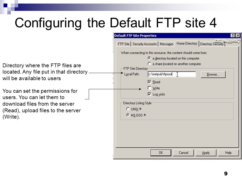 9 Configuring the Default FTP site 4 Directory where the FTP files are located.