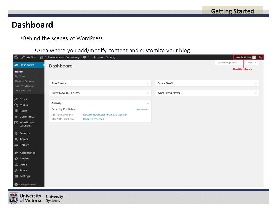 Dashboard Behind the scenes of WordPress Area where you add/modify content and customize your blog AGENDA Getting Started