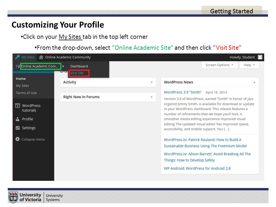 Customizing Your Profile Click on your My Sites tab in the top left corner From the drop-down, select Online Academic Site and then click Visit Site AGENDA Getting Started