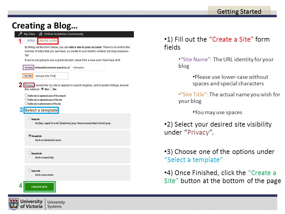 Creating a Blog… 1) Fill out the Create a Site form fields Site Name : The URL identity for your blog Please use lower-case without spaces and special characters Site Title : The actual name you wish for your blog You may use spaces 2) Select your desired site visibility under Privacy .