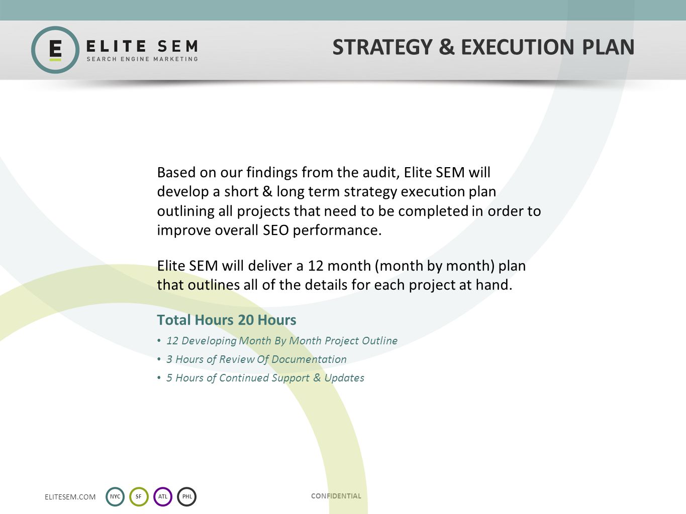 NYCSFATLPHL ELITESEM.COM CONFIDENTIAL STRATEGY & EXECUTION PLAN Based on our findings from the audit, Elite SEM will develop a short & long term strategy execution plan outlining all projects that need to be completed in order to improve overall SEO performance.