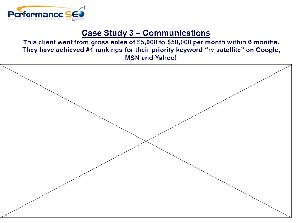 Case Study 3 – Communications This client went from gross sales of $5,000 to $50,000 per month within 6 months.