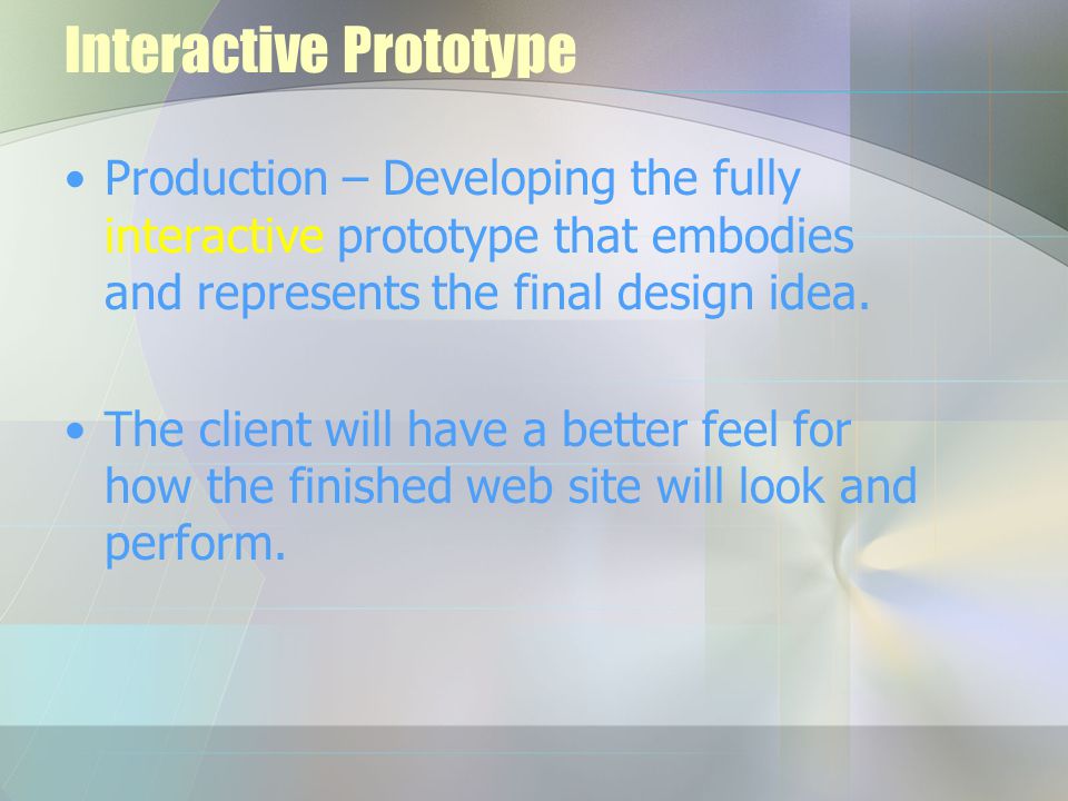 Interactive Prototype Production – Developing the fully interactive prototype that embodies and represents the final design idea.