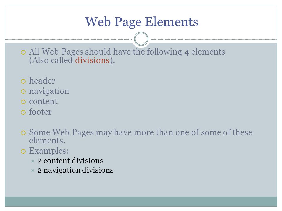  All Web Pages should have the following 4 elements (Also called divisions).