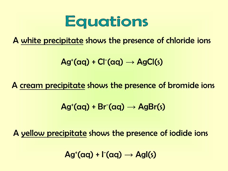 A white precipitate shows the presence of chloride ions Ag + (aq) + Cl − (aq) → AgCl(s) A cream precipitate shows the presence of bromide ions Ag + (aq) + Br − (aq) → AgBr(s) A yellow precipitate shows the presence of iodide ions Ag + (aq) + I − (aq) → AgI(s)