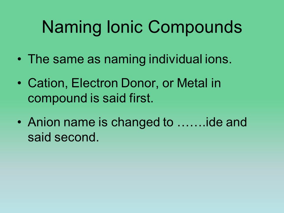 Naming Ionic Compounds The same as naming individual ions.