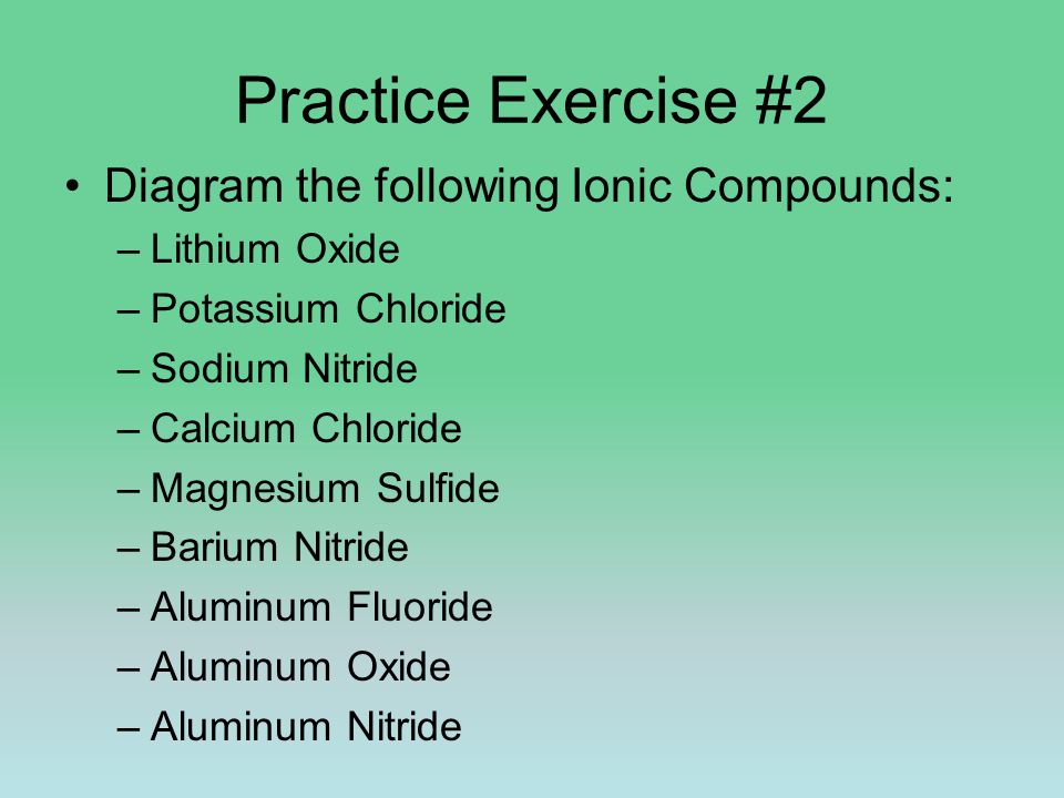 Practice Exercise #2 Diagram the following Ionic Compounds: –Lithium Oxide –Potassium Chloride –Sodium Nitride –Calcium Chloride –Magnesium Sulfide –Barium Nitride –Aluminum Fluoride –Aluminum Oxide –Aluminum Nitride