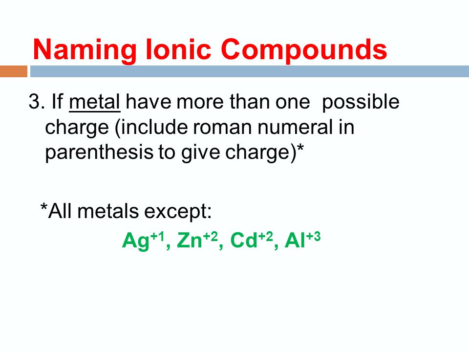 Naming Ionic Compounds 1. name cation - then anion 2.