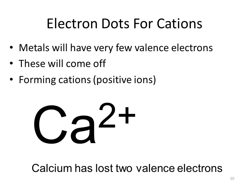 Electron Dots For Cations Metals will have very few valence electrons These will come off Ca 9