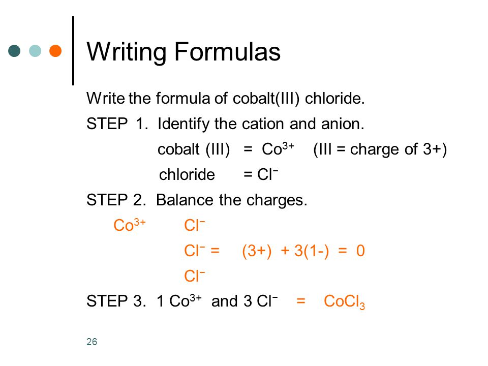 26 Writing Formulas Write the formula of cobalt(III) chloride.