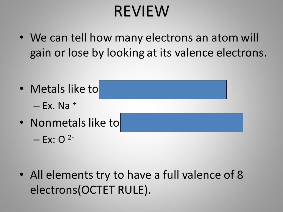 REVIEW We can tell how many electrons an atom will gain or lose by looking at its valence electrons.