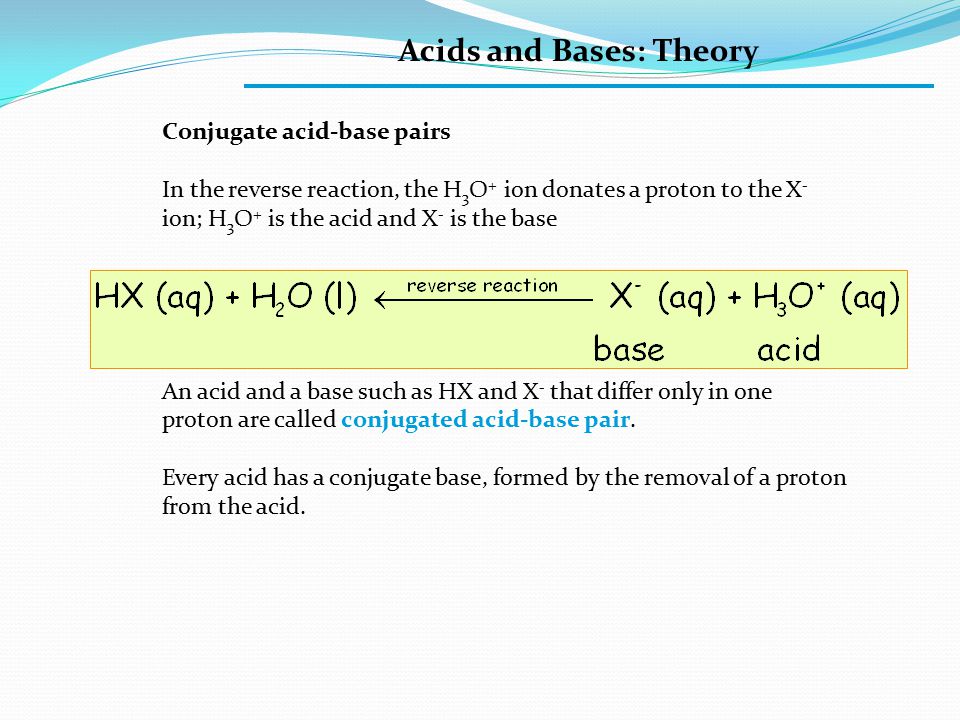 Acids and Bases: Theory Conjugate acid-base pairs In the reverse reaction, the H 3 O + ion donates a proton to the X - ion; H 3 O + is the acid and X - is the base An acid and a base such as HX and X - that differ only in one proton are called conjugated acid-base pair.