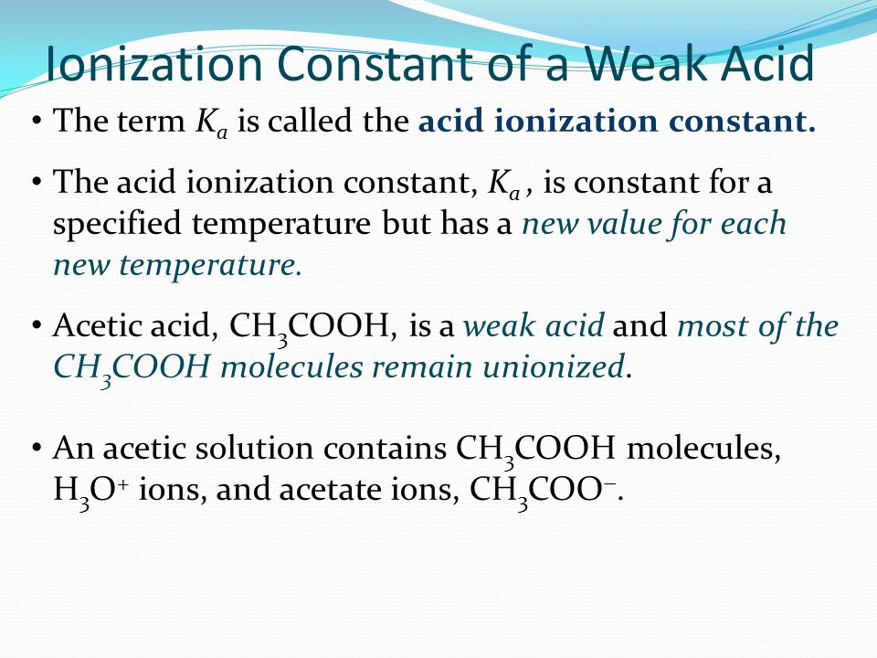 Ionization Constant of a Weak Acid The term K a is called the acid ionization constant.