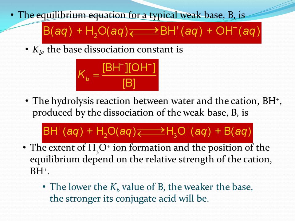 The equilibrium equation for a typical weak base, B, is K b, the base dissociation constant is The hydrolysis reaction between water and the cation, BH +, produced by the dissociation of the weak base, B, is The extent of H 3 O + ion formation and the position of the equilibrium depend on the relative strength of the cation, BH +.