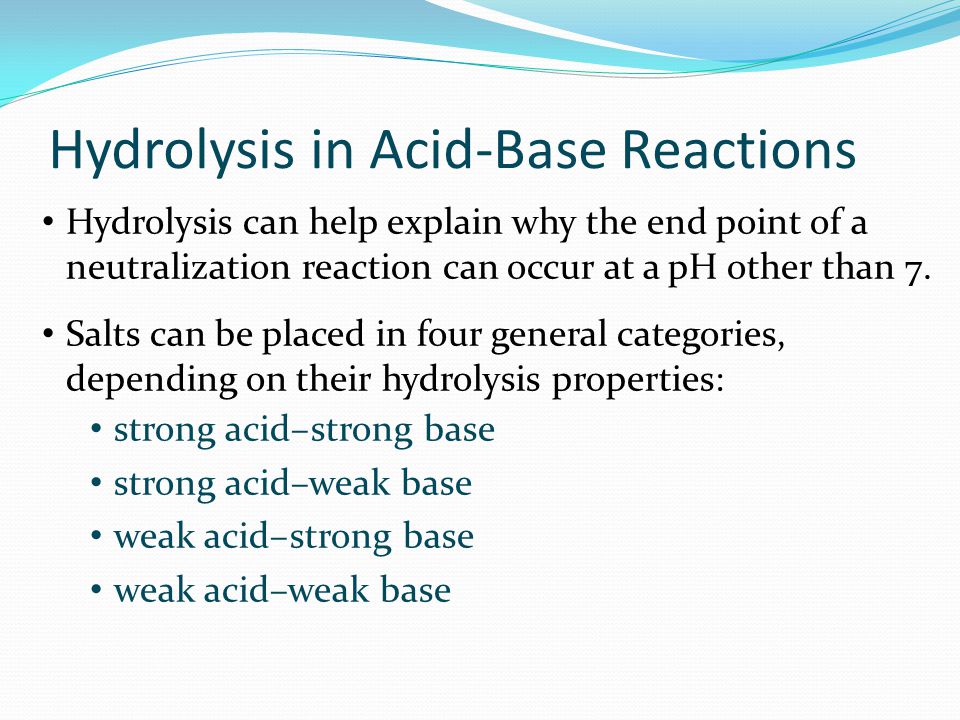 Hydrolysis in Acid-Base Reactions Hydrolysis can help explain why the end point of a neutralization reaction can occur at a pH other than 7.