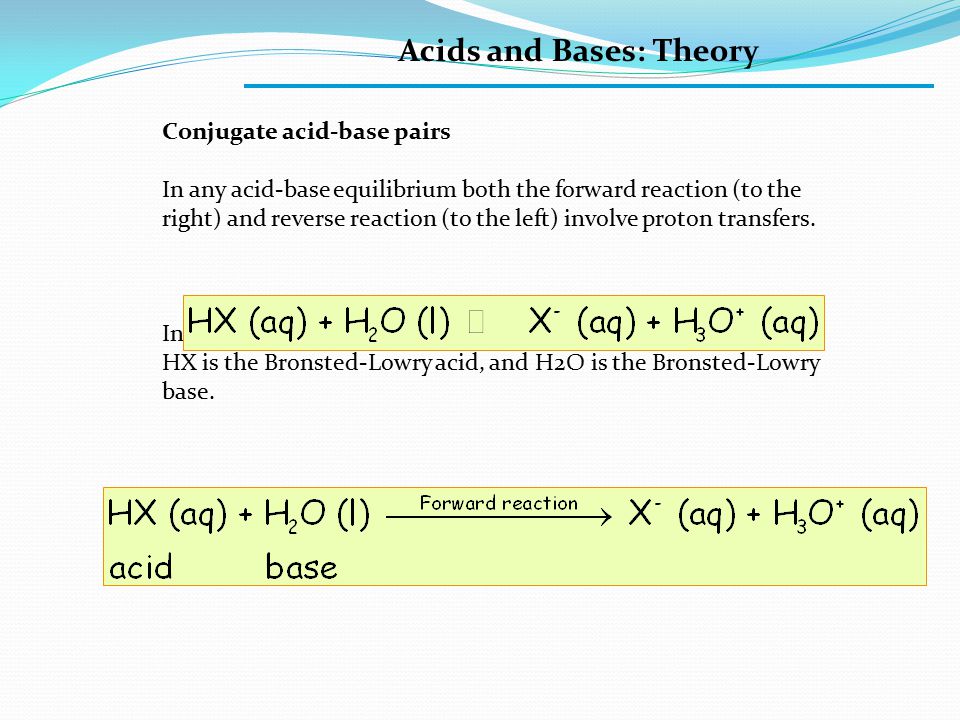 Acids and Bases: Theory Conjugate acid-base pairs In any acid-base equilibrium both the forward reaction (to the right) and reverse reaction (to the left) involve proton transfers.