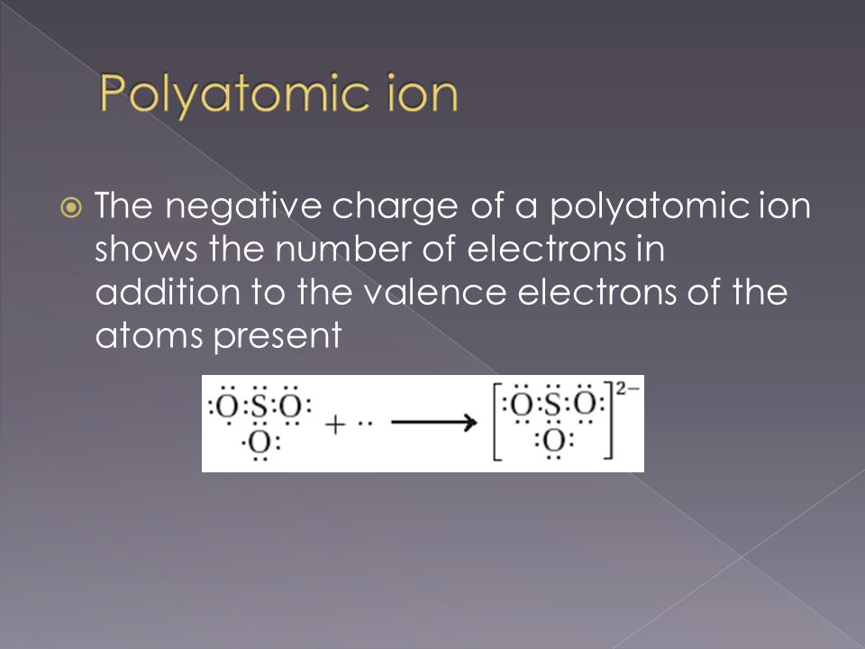  The negative charge of a polyatomic ion shows the number of electrons in addition to the valence electrons of the atoms present