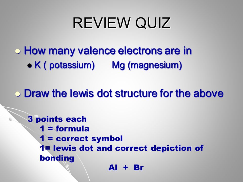 REVIEW QUIZ How many valence electrons are in How many valence electrons are in K ( potassium)Mg (magnesium) K ( potassium)Mg (magnesium) Draw the lewis dot structure for the above Draw the lewis dot structure for the above 3 points each 1 = formula 1 = correct symbol 1= lewis dot and correct depiction of bonding Al + Br