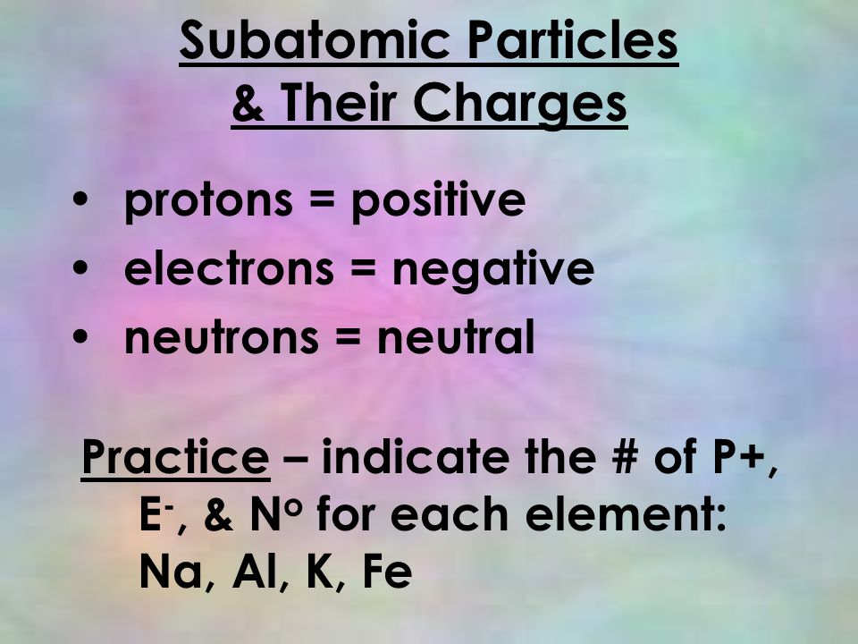 Subatomic Particles & Their Charges protons = positive electrons = negative neutrons = neutral Practice – indicate the # of P+, E -, & N o for each element: Na, Al, K, Fe