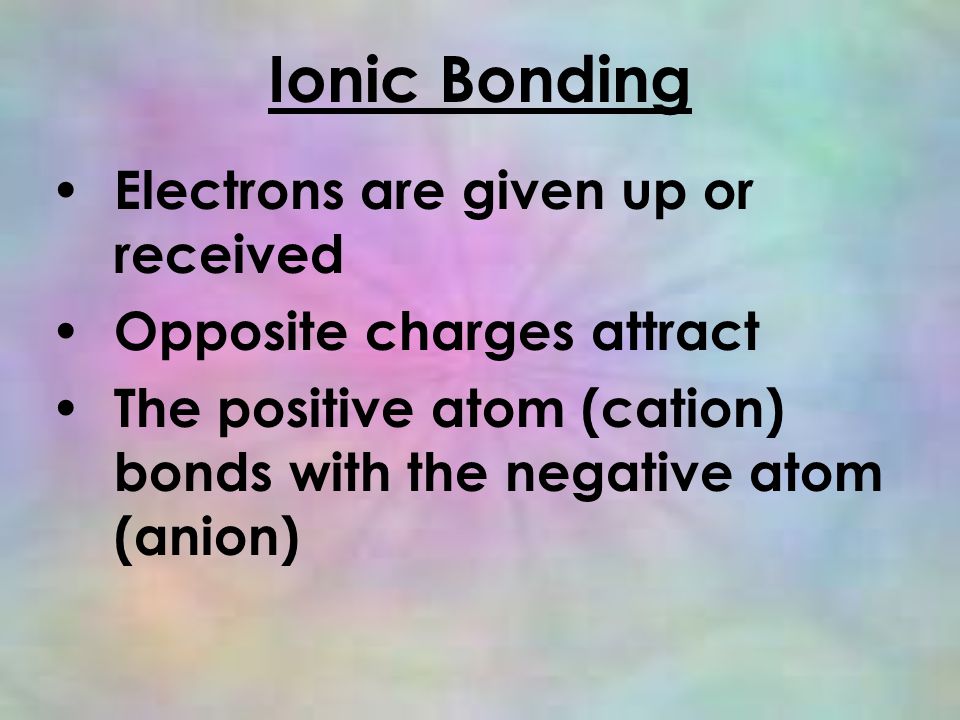Ionic Bonding Electrons are given up or received Opposite charges attract The positive atom (cation) bonds with the negative atom (anion)