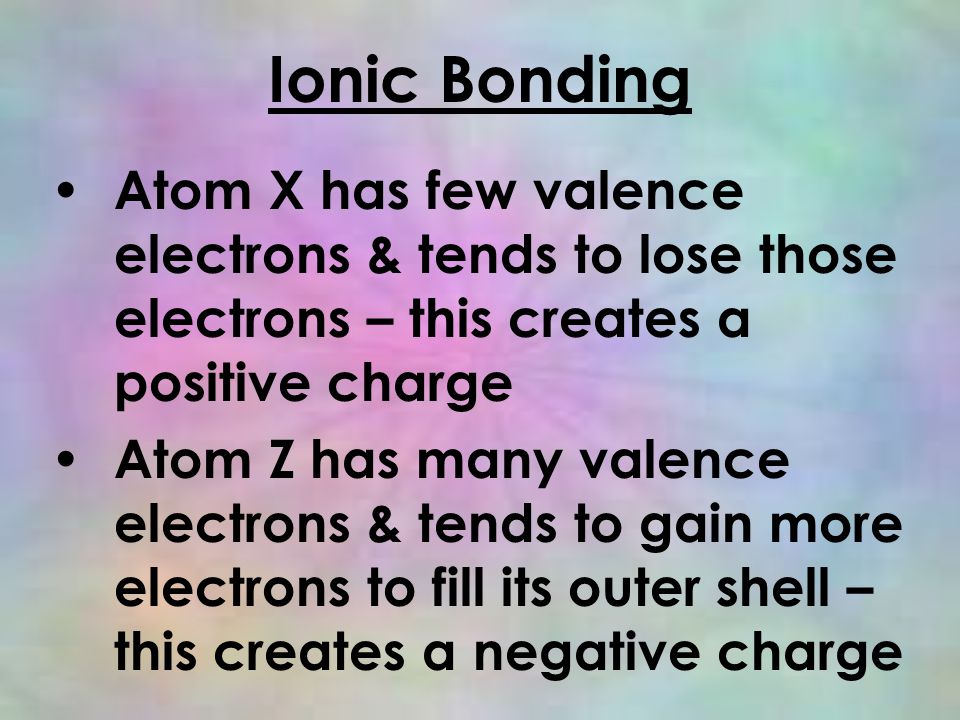 Ionic Bonding Atom X has few valence electrons & tends to lose those electrons – this creates a positive charge Atom Z has many valence electrons & tends to gain more electrons to fill its outer shell – this creates a negative charge