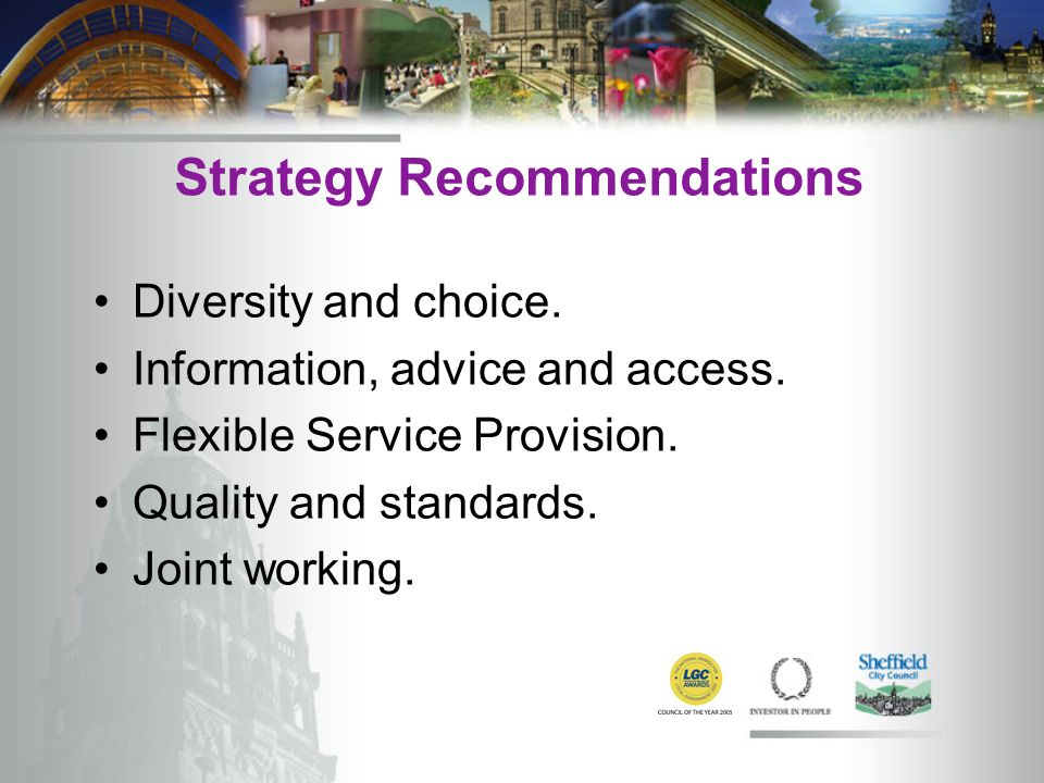 Strategy Recommendations Diversity and choice. Information, advice and access.