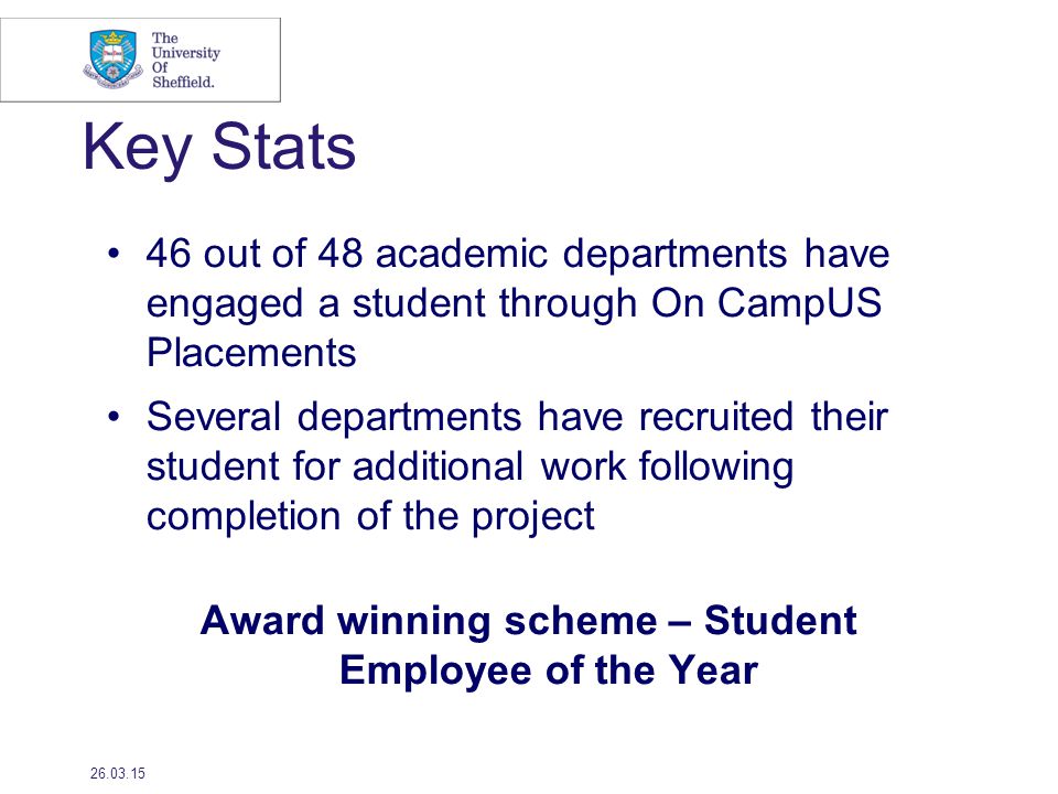 Key Stats 46 out of 48 academic departments have engaged a student through On CampUS Placements Several departments have recruited their student for additional work following completion of the project Award winning scheme – Student Employee of the Year