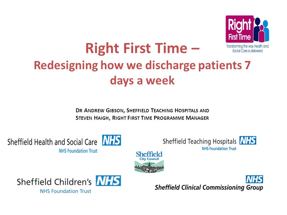 Right First Time – Redesigning how we discharge patients 7 days a week D R A NDREW G IBSON, S HEFFIELD T EACHING H OSPITALS AND S TEVEN H AIGH, R IGHT F IRST T IME P ROGRAMME M ANAGER