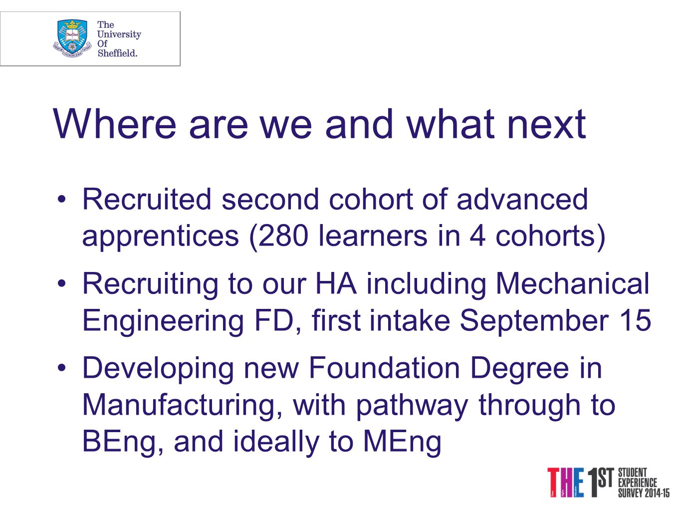 Where are we and what next Recruited second cohort of advanced apprentices (280 learners in 4 cohorts) Recruiting to our HA including Mechanical Engineering FD, first intake September 15 Developing new Foundation Degree in Manufacturing, with pathway through to BEng, and ideally to MEng
