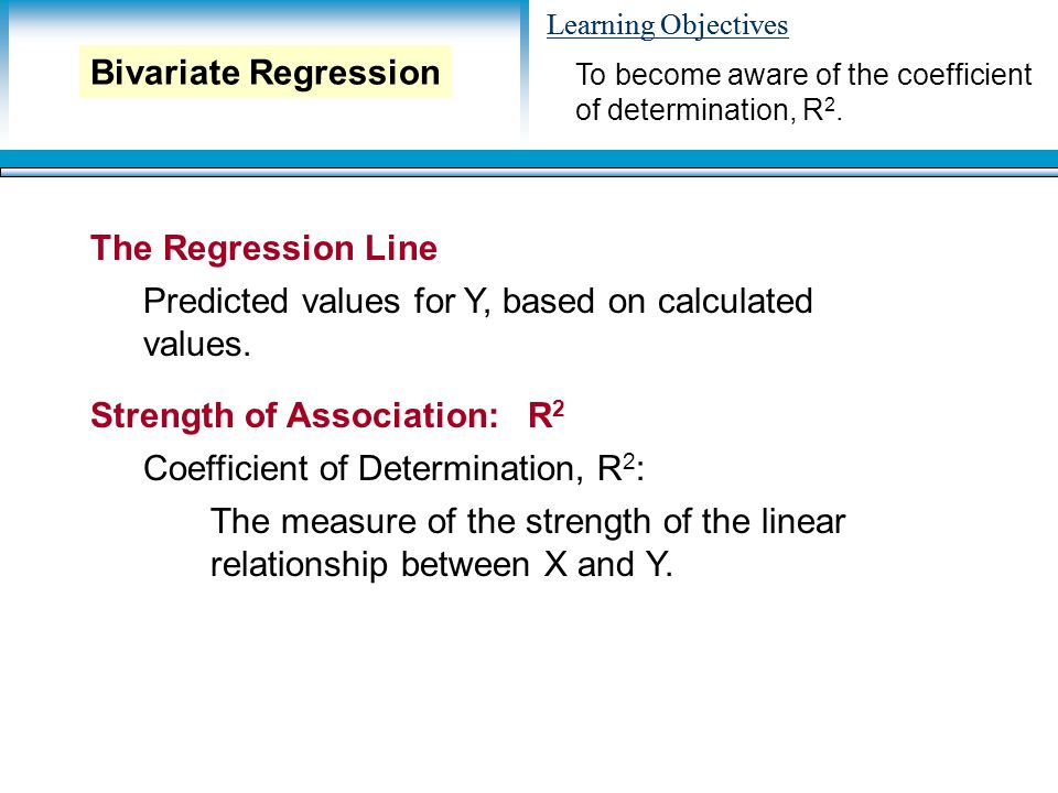 Learning Objectives Strength of Association: R 2 Coefficient of Determination, R 2 : The measure of the strength of the linear relationship between X and Y.