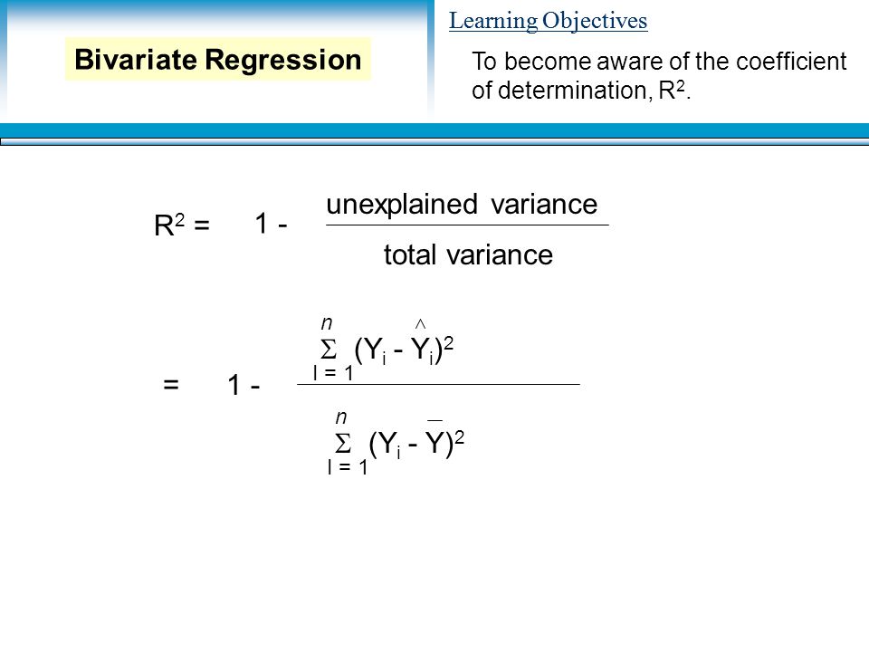 Learning Objectives R 2 = 1 - unexplained variance total variance =1 -  (Y i - Y i ) 2 n I = 1  (Y i - Y) 2 n I = 1 To become aware of the coefficient of determination, R 2.