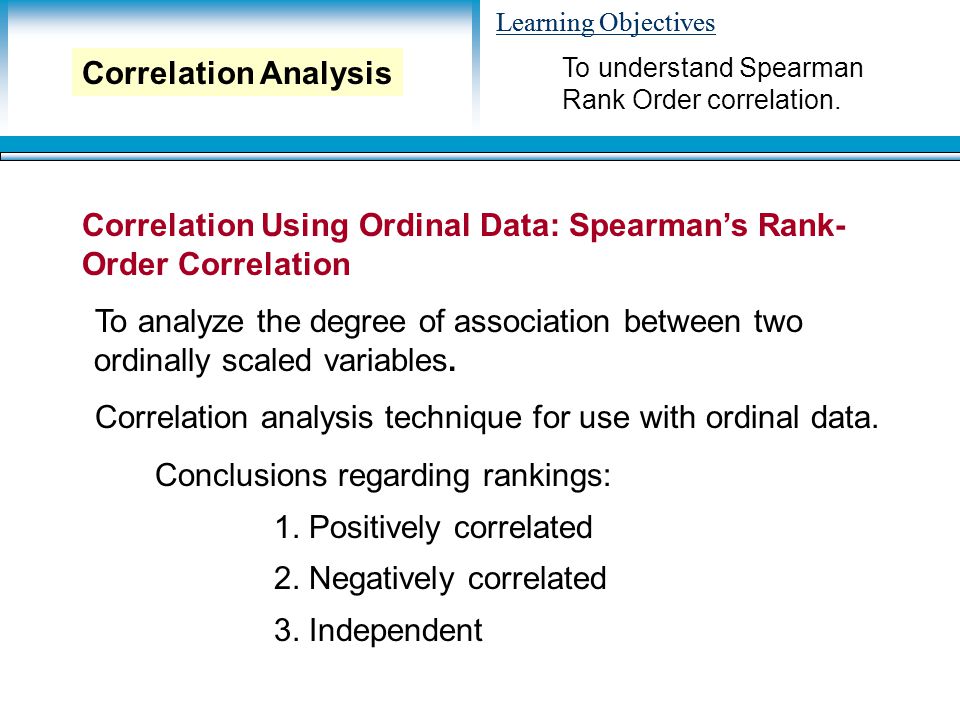Learning Objectives Correlation Using Ordinal Data: Spearman’s Rank- Order Correlation To analyze the degree of association between two ordinally scaled variables.