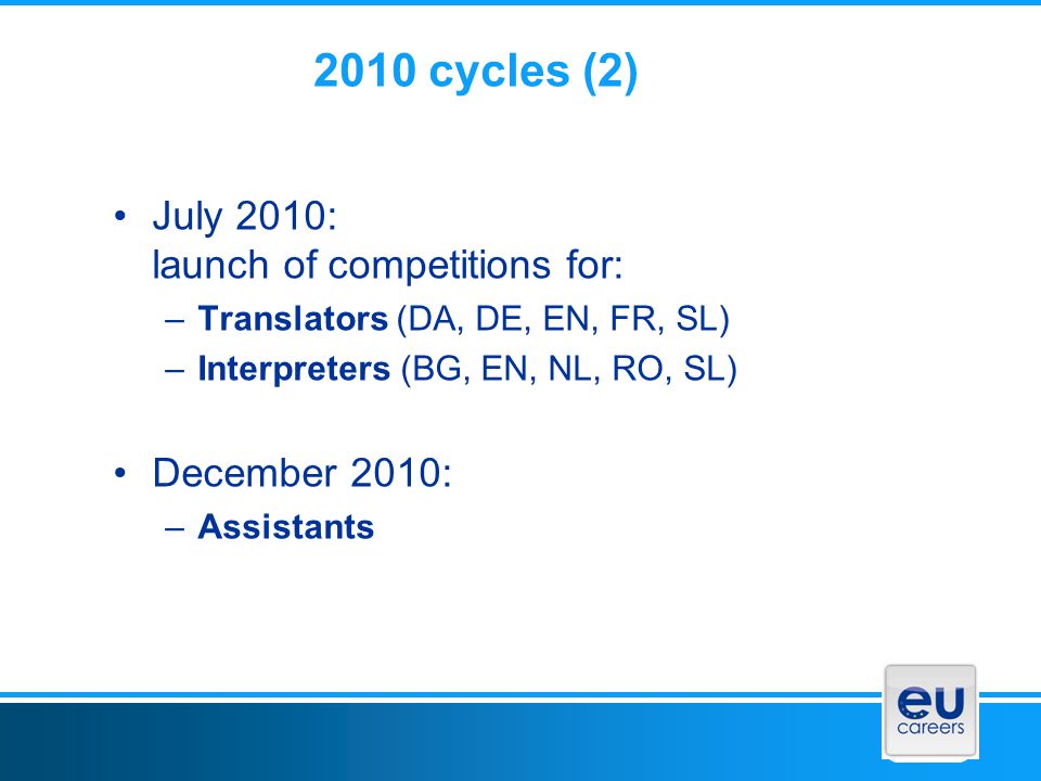 2010 cycles (2) July 2010: launch of competitions for: –Translators (DA, DE, EN, FR, SL) –Interpreters (BG, EN, NL, RO, SL) December 2010: –Assistants