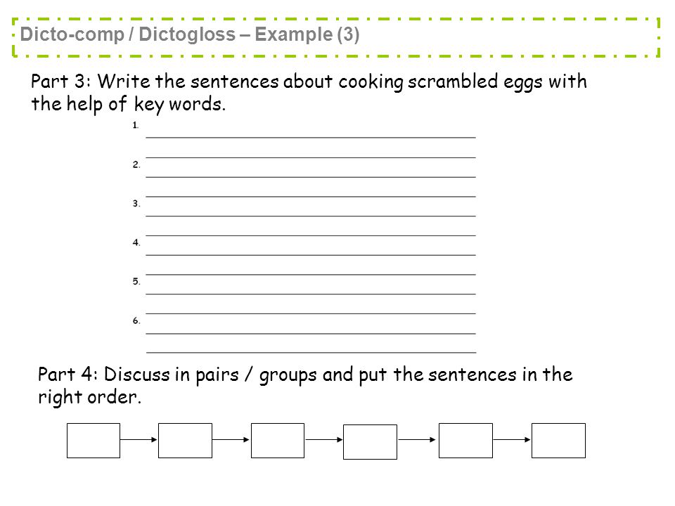 Part 3: Write the sentences about cooking scrambled eggs with the help of key words.