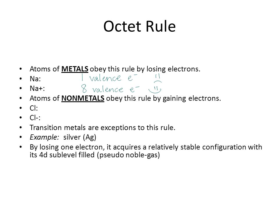 Octet Rule Atoms of METALS obey this rule by losing electrons.