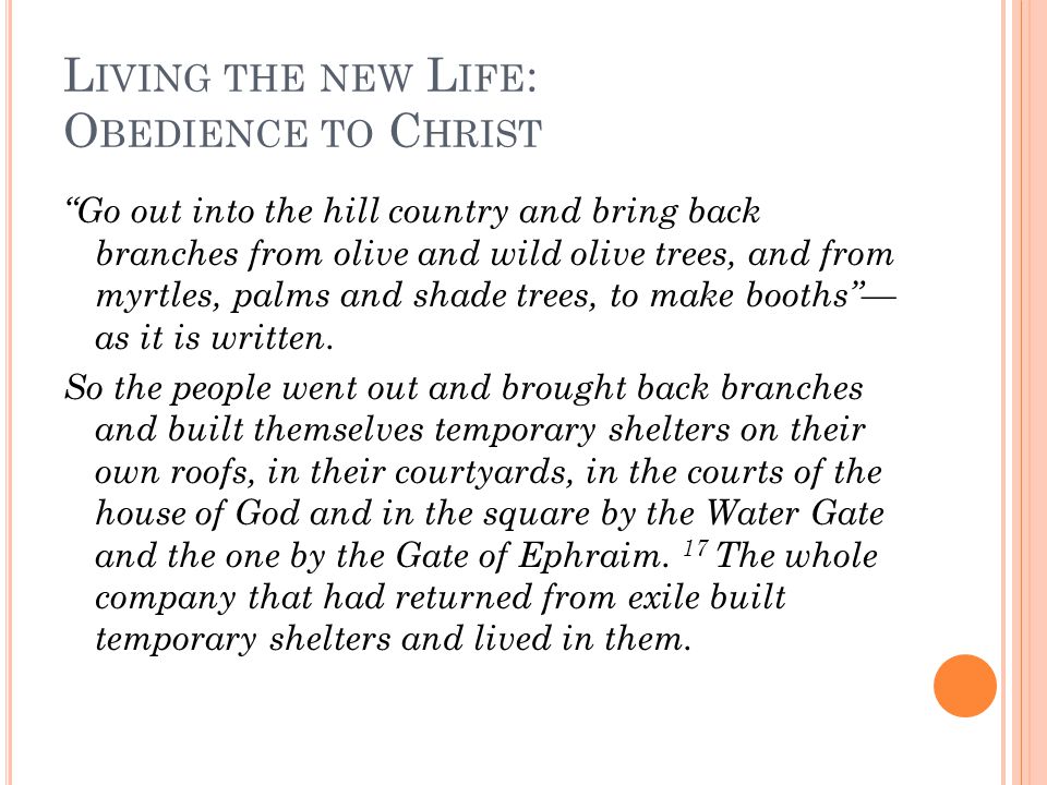 L IVING THE NEW L IFE : O BEDIENCE TO C HRIST Go out into the hill country and bring back branches from olive and wild olive trees, and from myrtles, palms and shade trees, to make booths — as it is written.