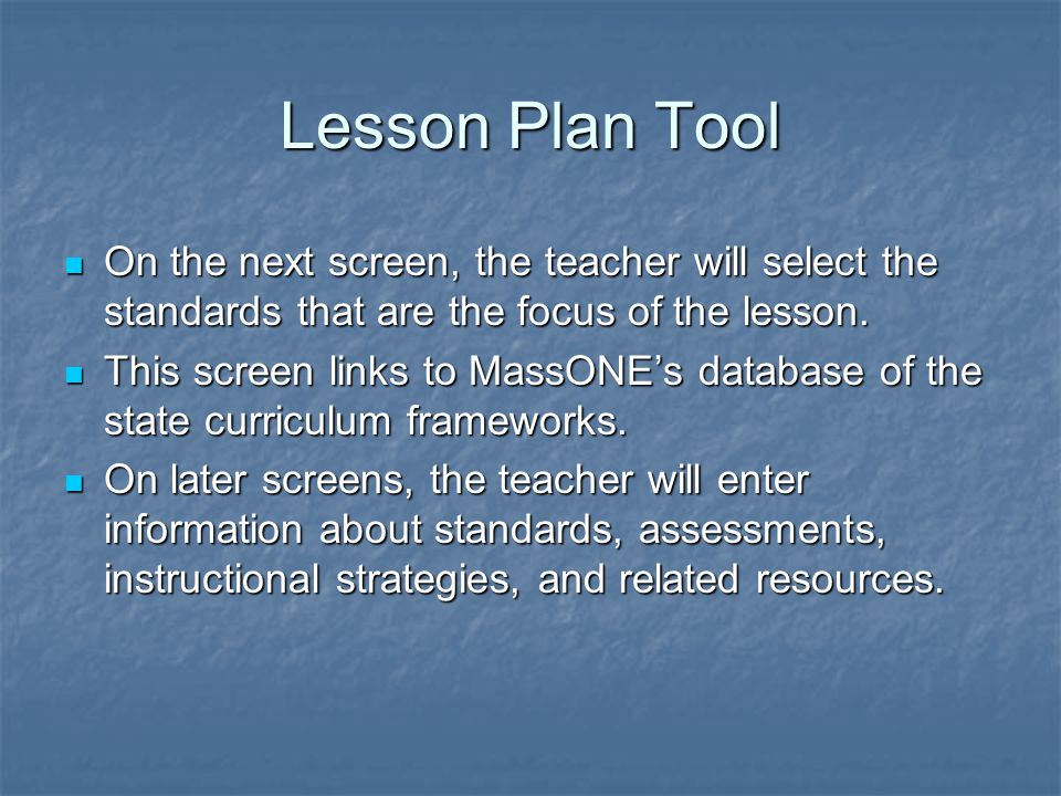 On the next screen, the teacher will select the standards that are the focus of the lesson.