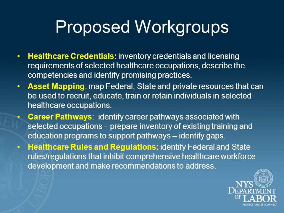 Proposed Workgroups Healthcare Credentials: inventory credentials and licensing requirements of selected healthcare occupations, describe the competencies and identify promising practices.