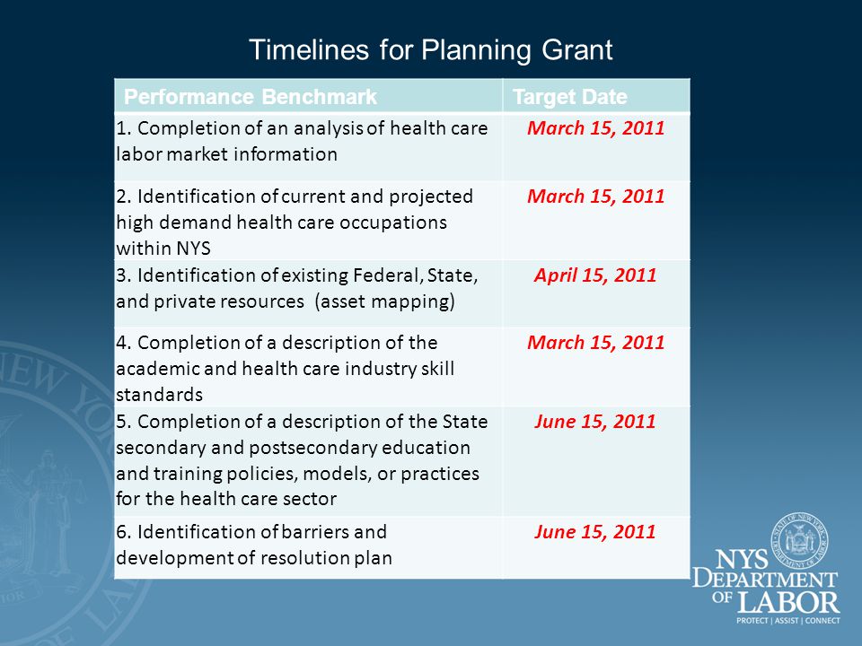 Timelines for Planning Grant Performance BenchmarkTarget Date 1.