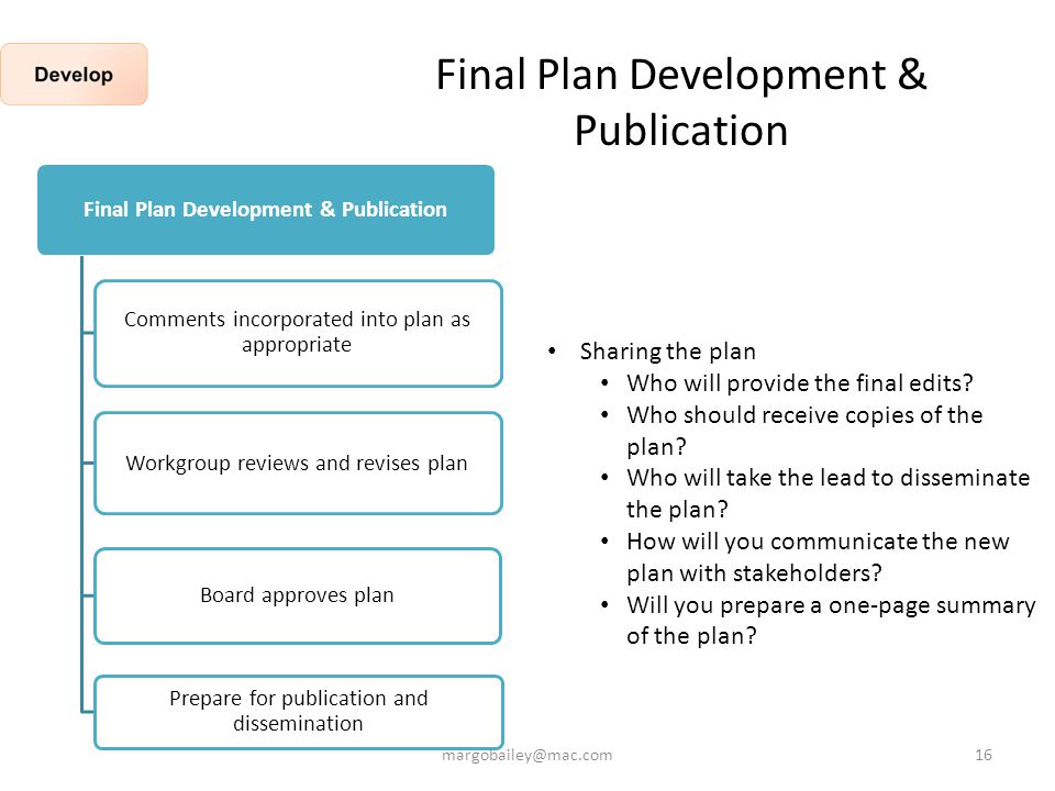 Final Plan Development & Publication Comments incorporated into plan as appropriate Workgroup reviews and revises plan Board approves plan Prepare for publication and dissemination Sharing the plan Who will provide the final edits.