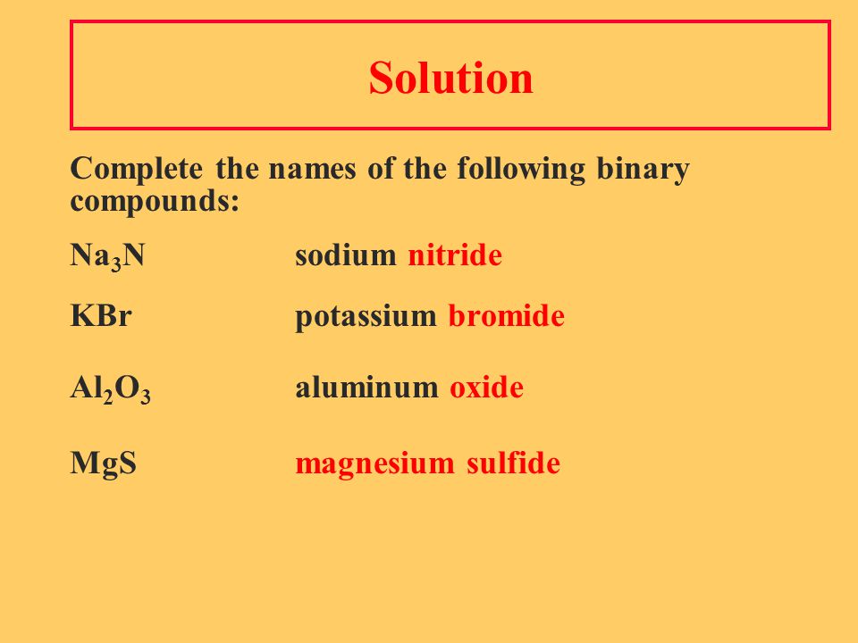 Solution Complete the names of the following binary compounds: Na 3 Nsodium nitride KBrpotassium bromide Al 2 O 3 aluminum oxide MgSmagnesium sulfide