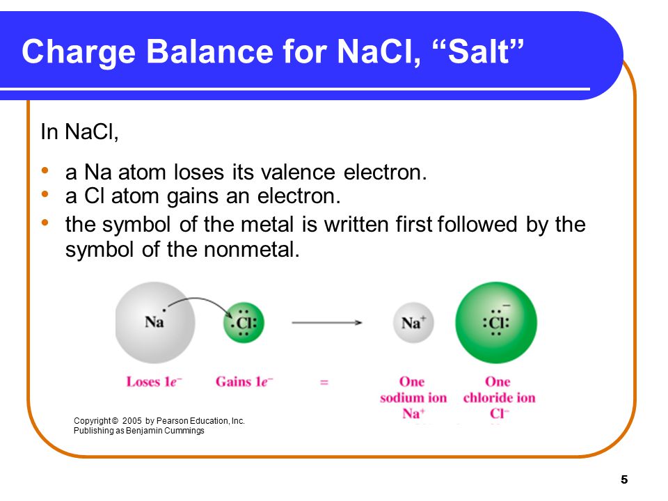 5 Charge Balance for NaCl, Salt In NaCl, a Na atom loses its valence electron.