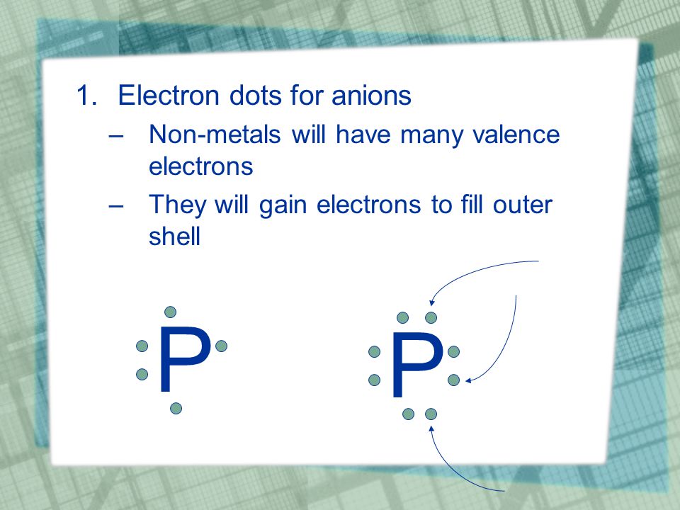 1.Electron dots for anions –Non-metals will have many valence electrons –They will gain electrons to fill outer shell P P