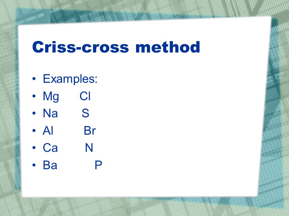 Criss-cross method Examples: Mg Cl Na S Al Br Ca N Ba P